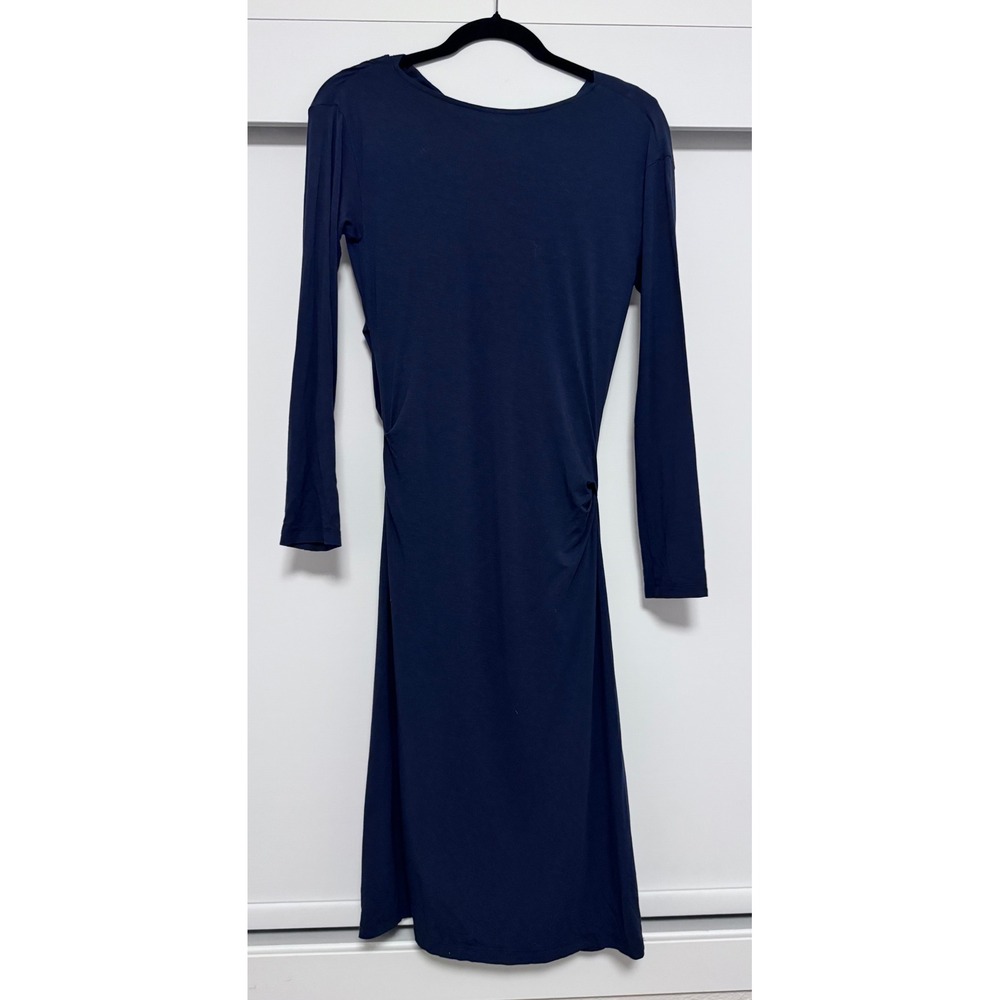 M.M. LaFleur Navy Blu Long Sleeve Draped Cowl Neck Ruched Midi Dress Modern Chic - Picture 2 of 5